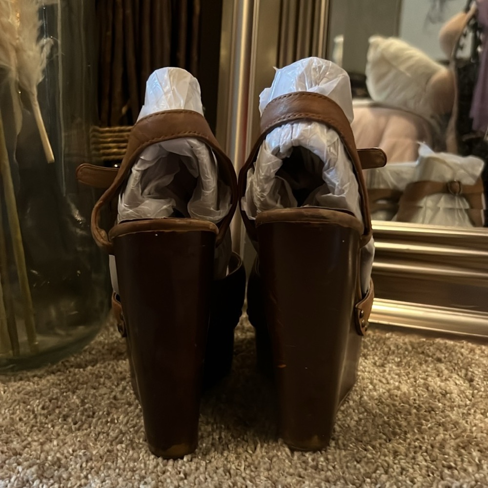 Steve Madden brown wooden platform wedge sandals leather upper style Wachme 8.5 - Picture 7 of 14
